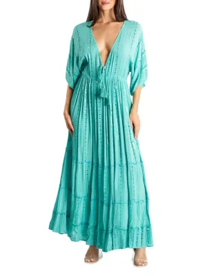 La Moda Clothing Tiered Eyelet Maxi Dress, Turquoise