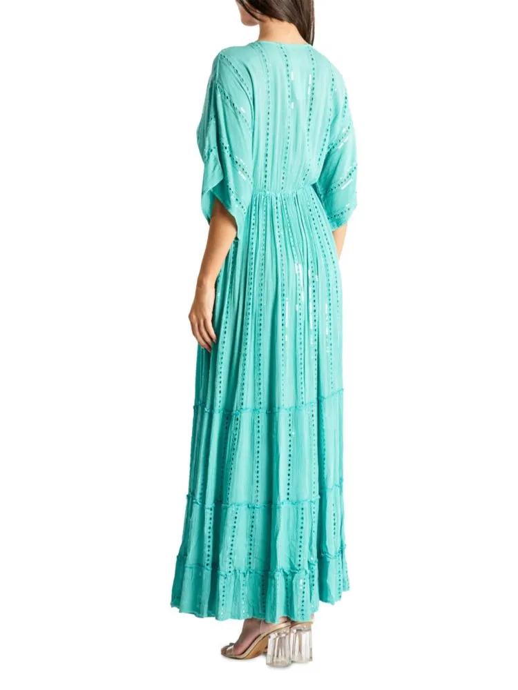 La Moda Clothing Tiered Eyelet Maxi Dress, Turquoise