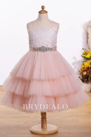 Lace Pink Tiered Tulle Knee Length Flower Girl Dress For Wedding