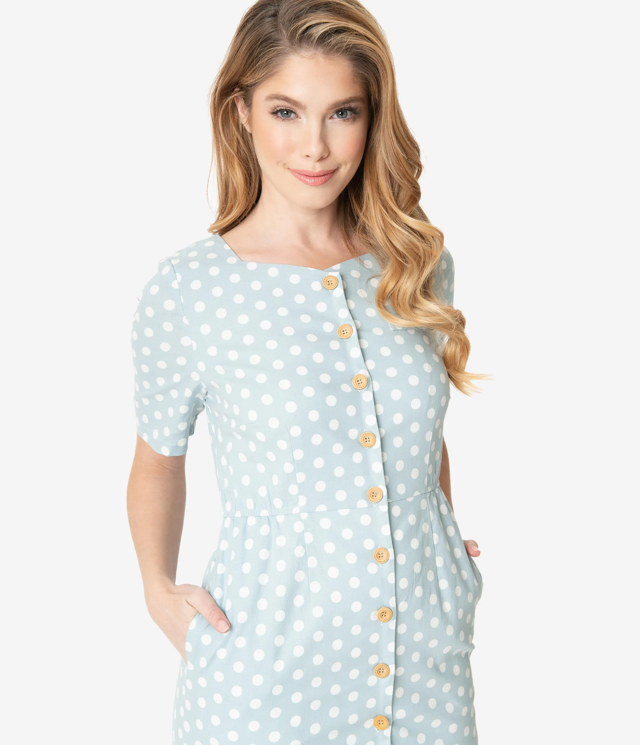 Light Blue & White Polka Dot Short Sleeve Button Up Dress