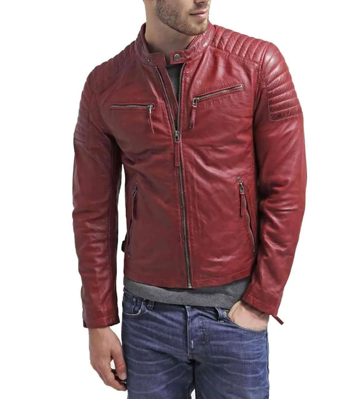 Men's New Maroon Zipper Padded Motorbike Leather Jacket, Classic Trendy Scooter Fashion Jacket