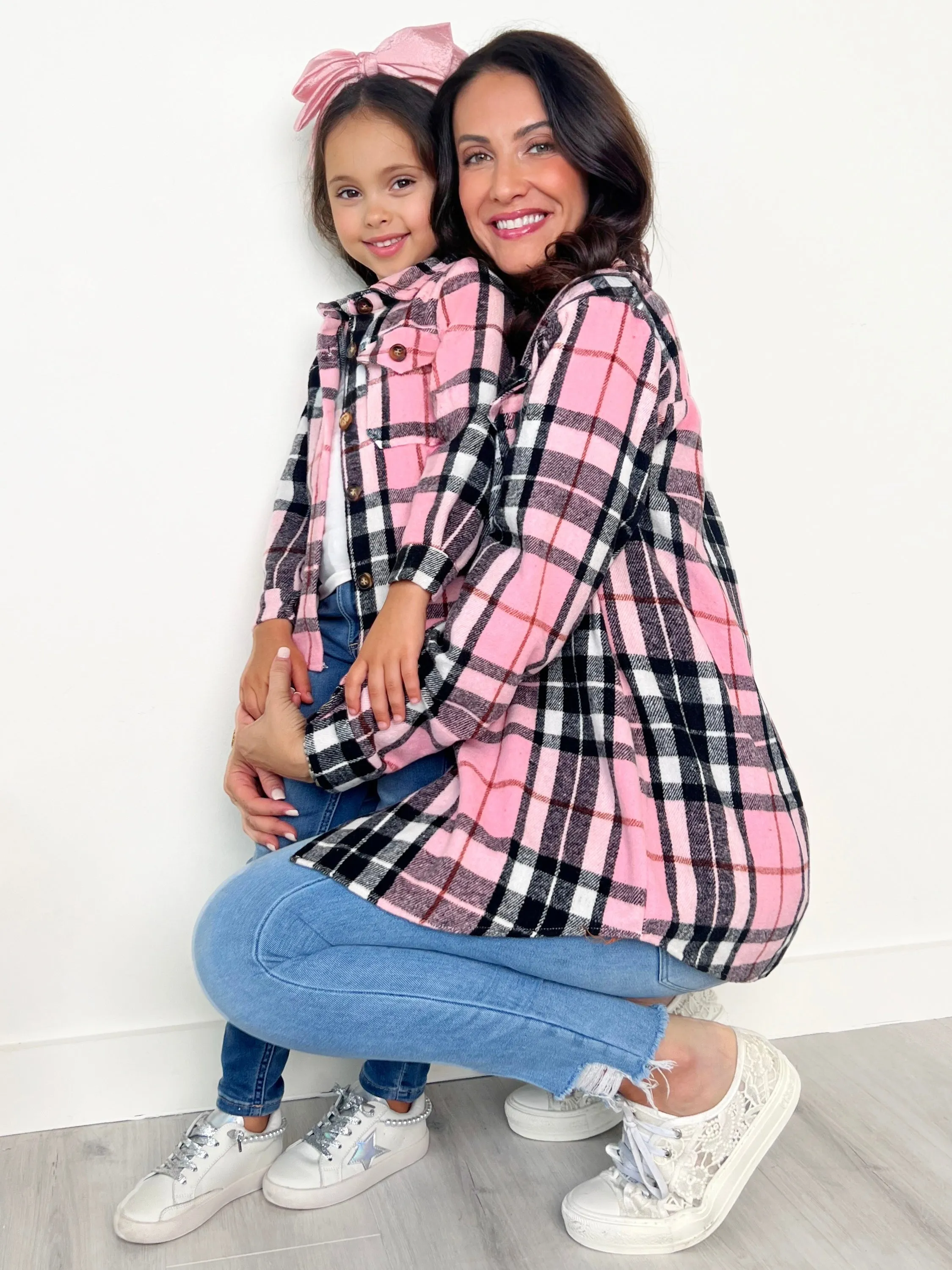 Mommy And Me Pink And Black Plaid Flannel Shacket