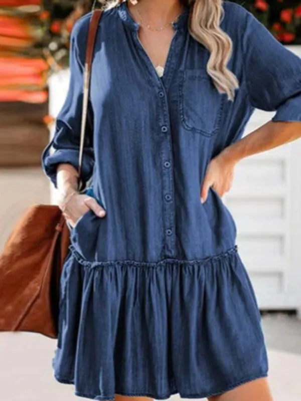 New V-neck stitching loose-breasted denim midi skirt