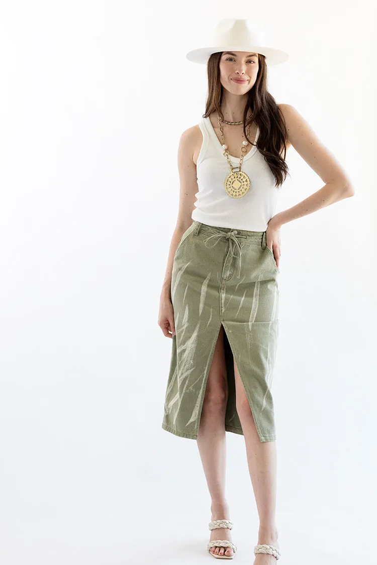 Olive Denim Midi Skirt with Distressing