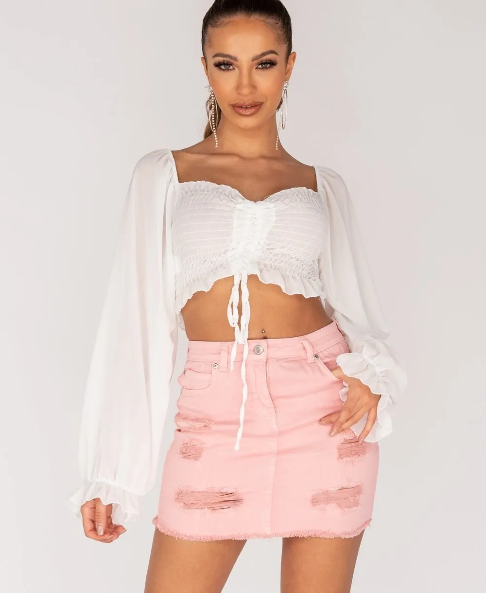 Pink Distressed Denim Mini Skirt