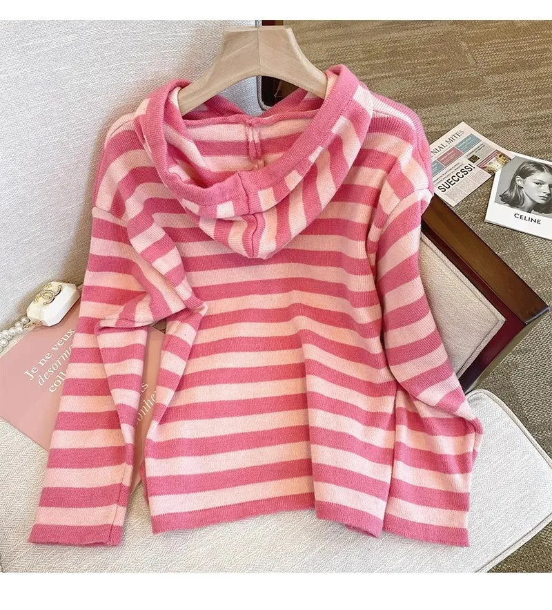 Pink striped sweater jacket for women      S4823