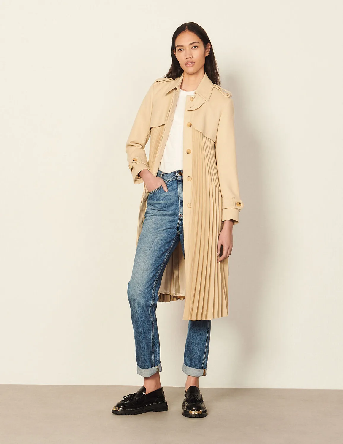 Pleated Trench Coat With Belt