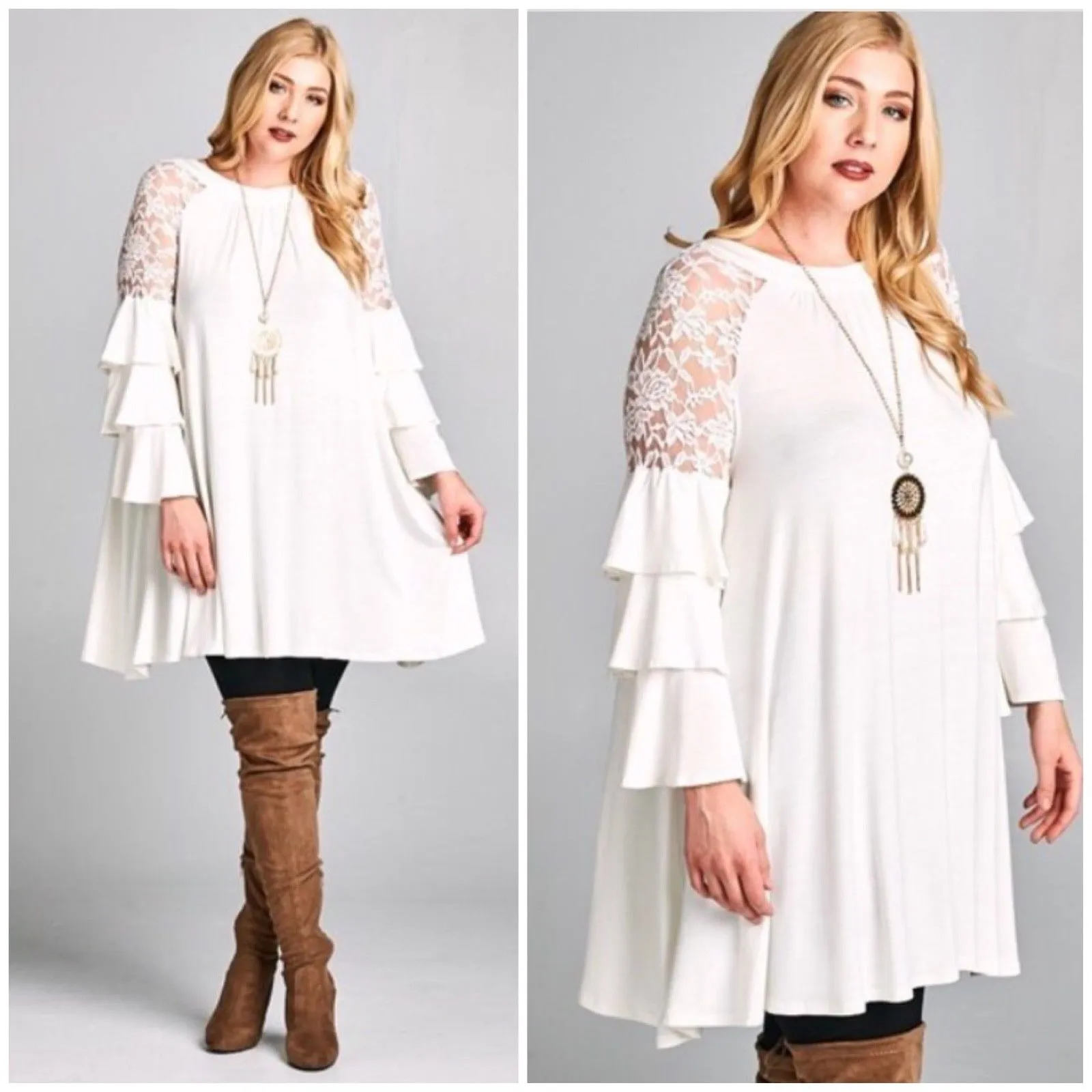 Plus Dress Ivory Lace Tiered Bell Long Sleeve Casual Cocktail Dress