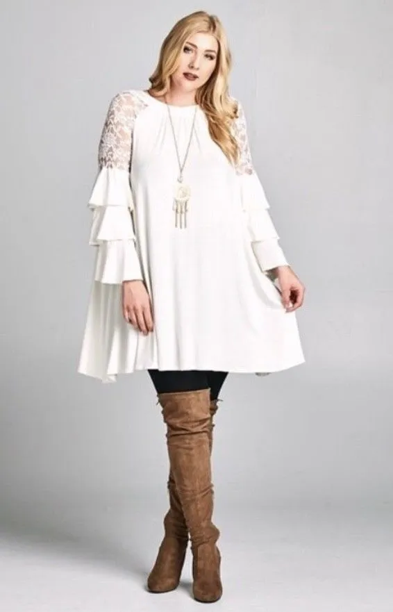 Plus Dress Ivory Lace Tiered Bell Long Sleeve Casual Cocktail Dress