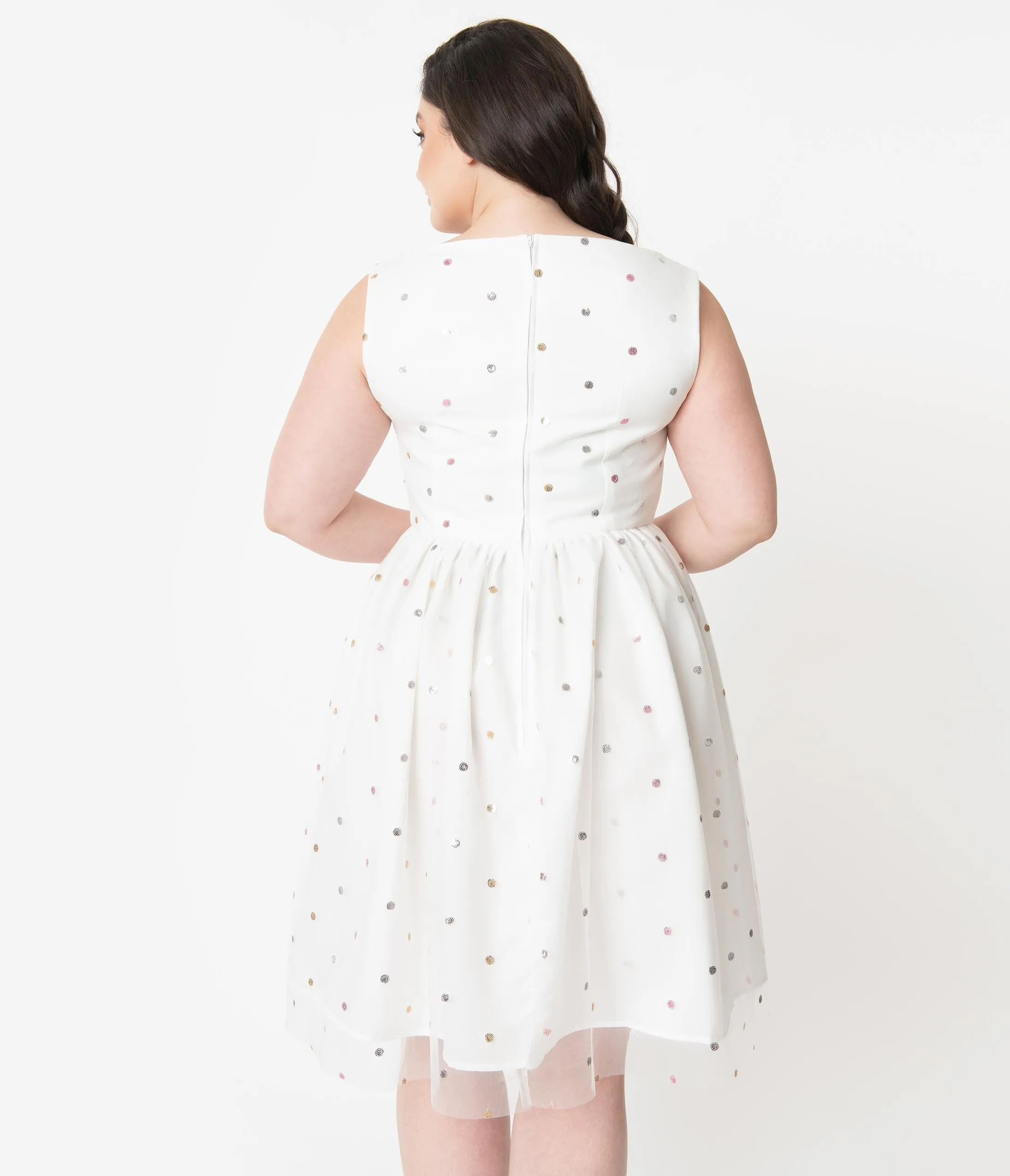 Plus Size Ivory Mesh & Rainbow Sequin Dots Audrey Swing Dress