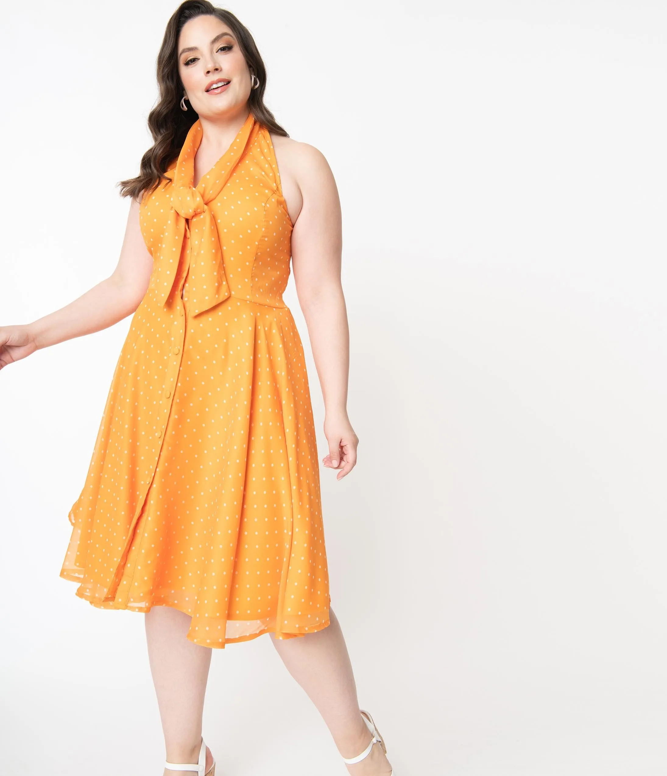 Plus Size Tangerine & Ivory Pin Dot Halter Trinity Swing Dress