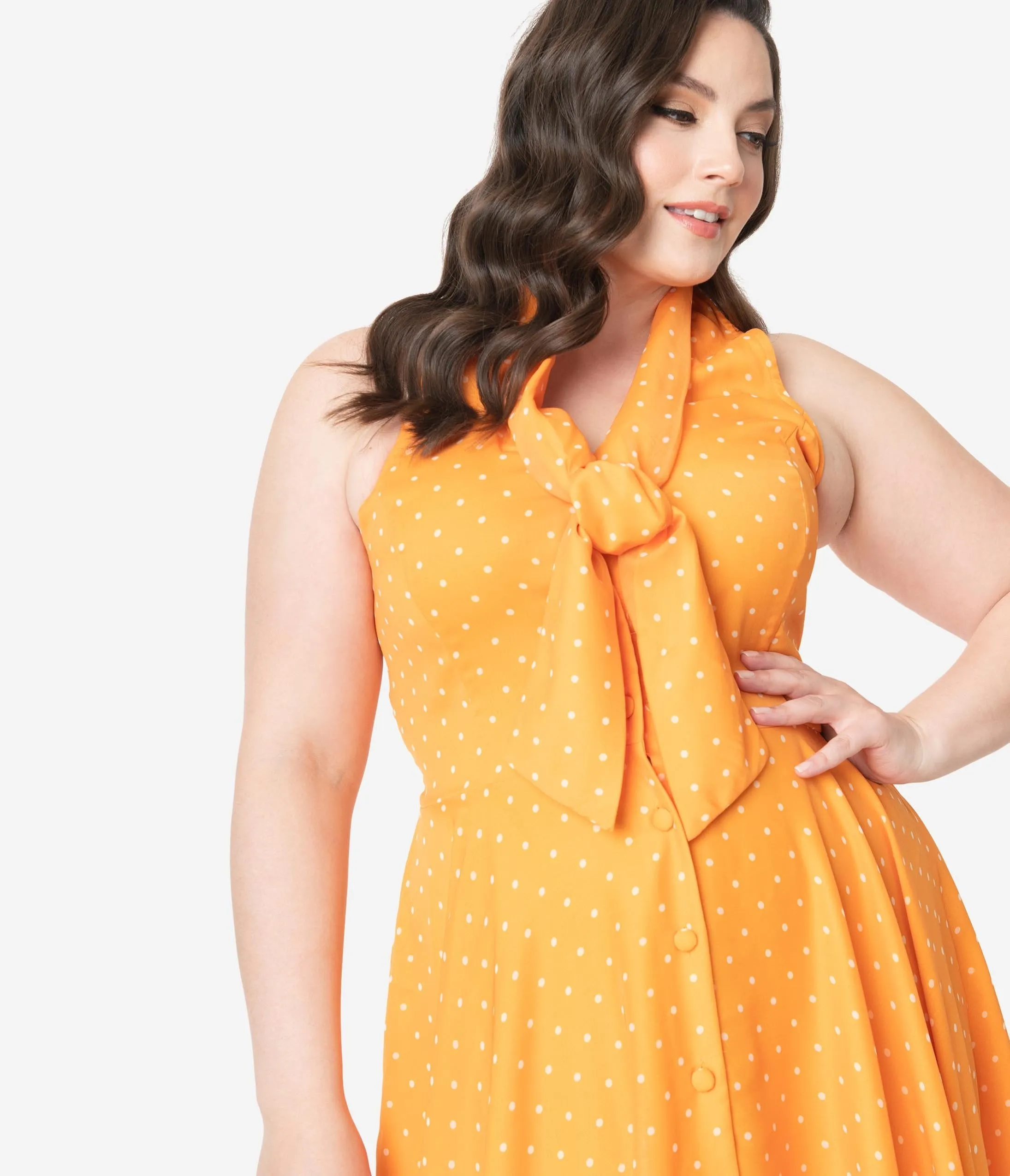 Plus Size Tangerine & Ivory Pin Dot Halter Trinity Swing Dress