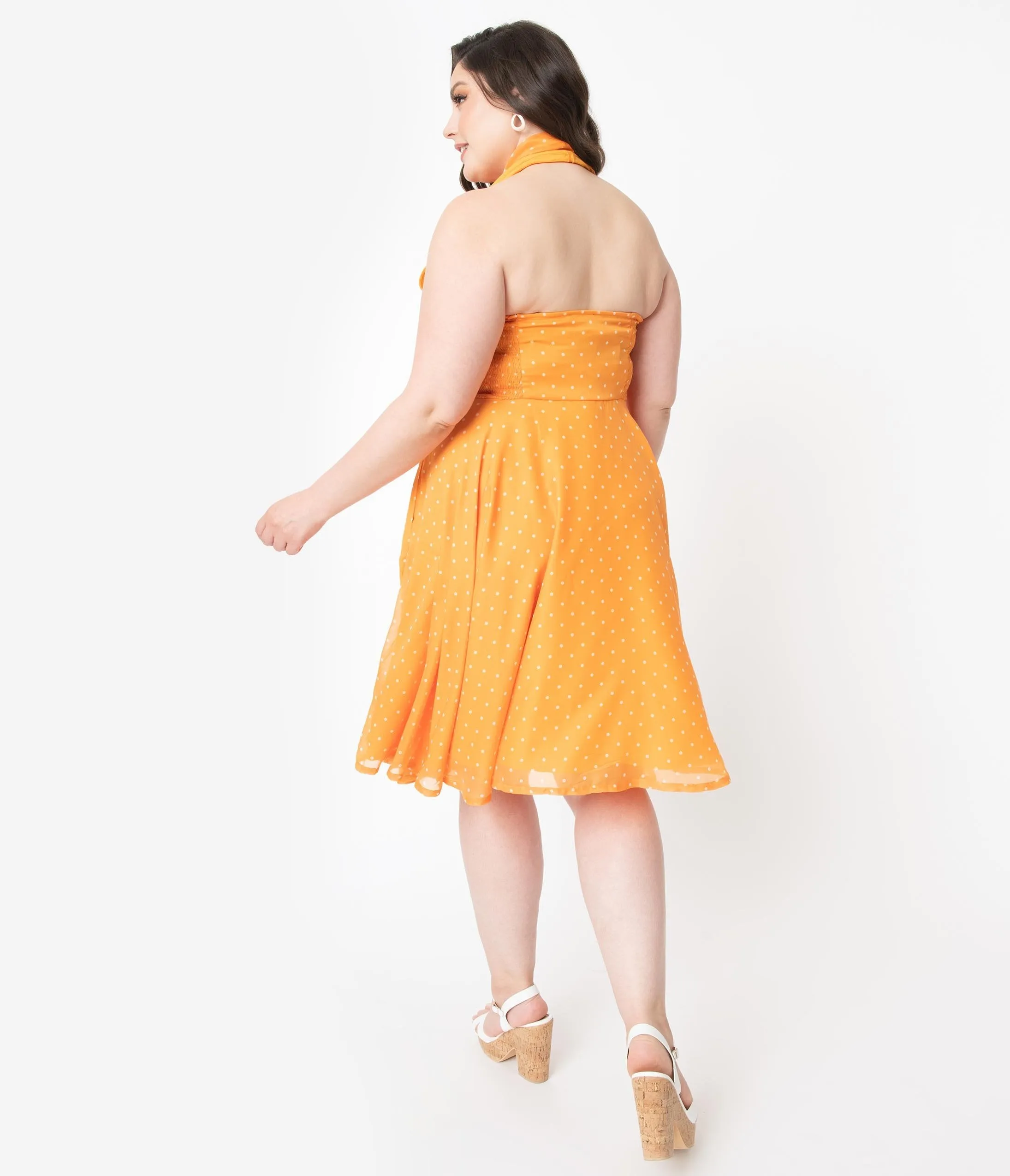 Plus Size Tangerine & Ivory Pin Dot Halter Trinity Swing Dress