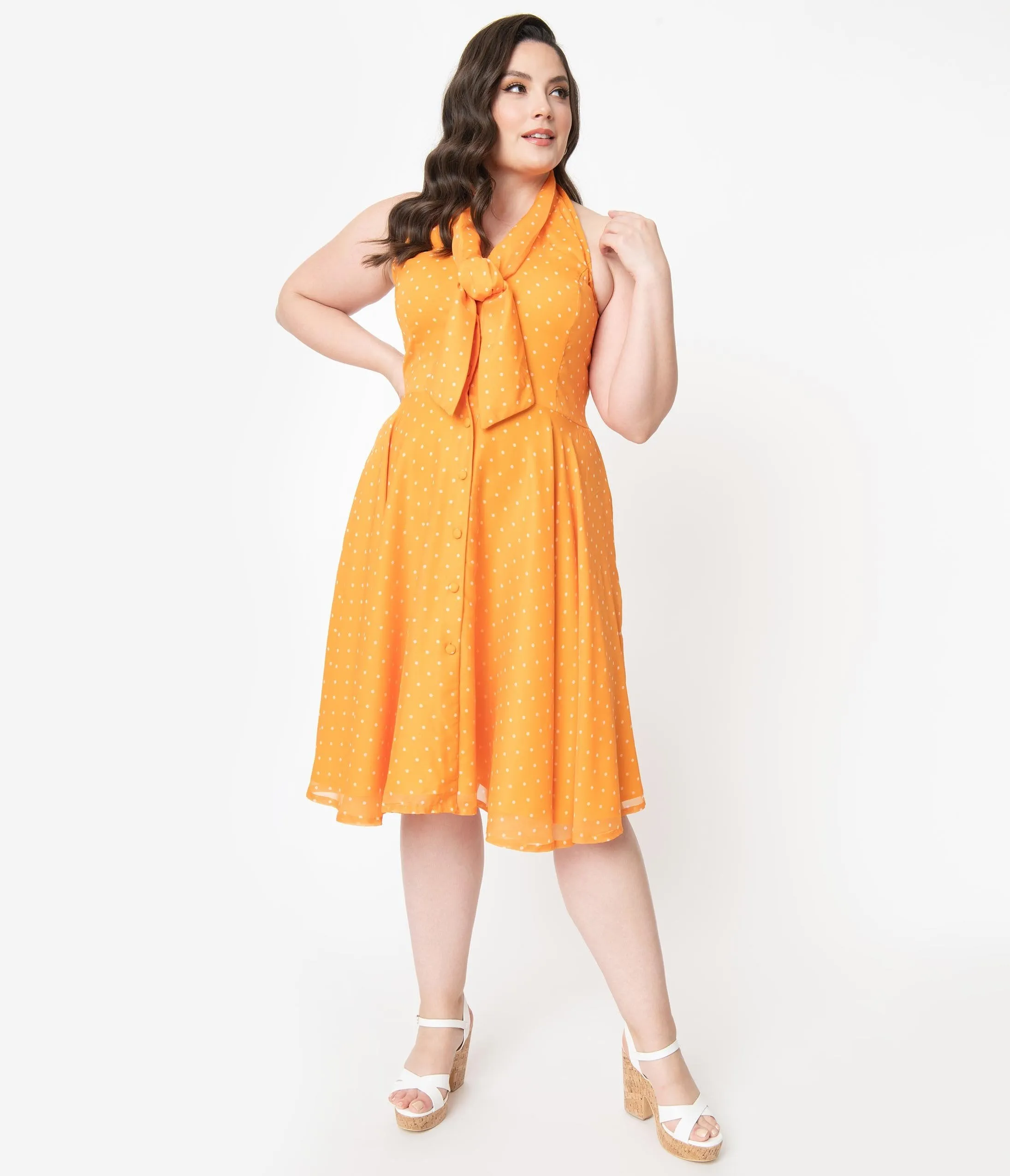 Plus Size Tangerine & Ivory Pin Dot Halter Trinity Swing Dress