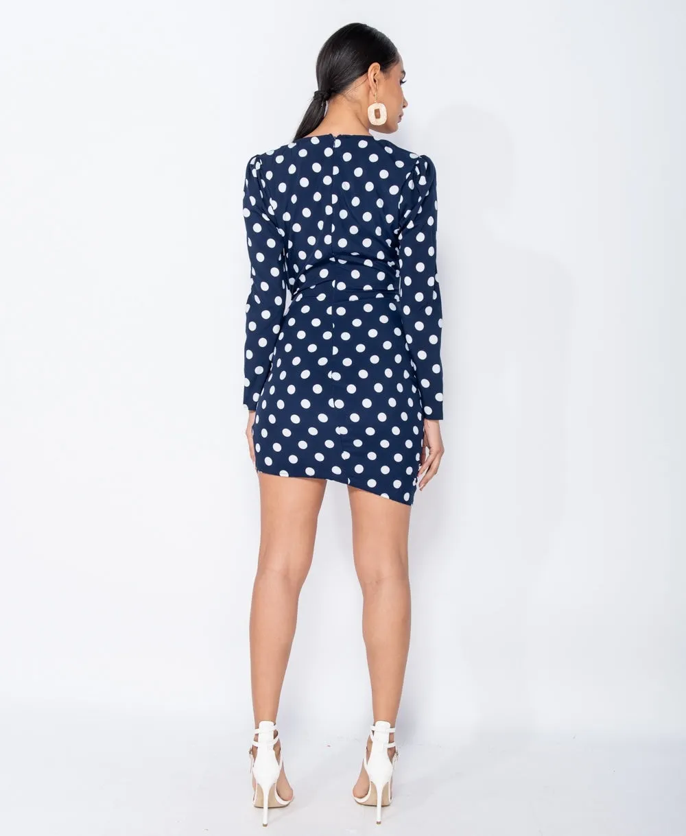 Polka Dot Wrap Front Ruching Bodycon Mini Dress