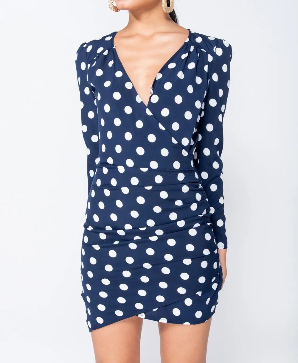 Polka Dot Wrap Front Ruching Bodycon Mini Dress