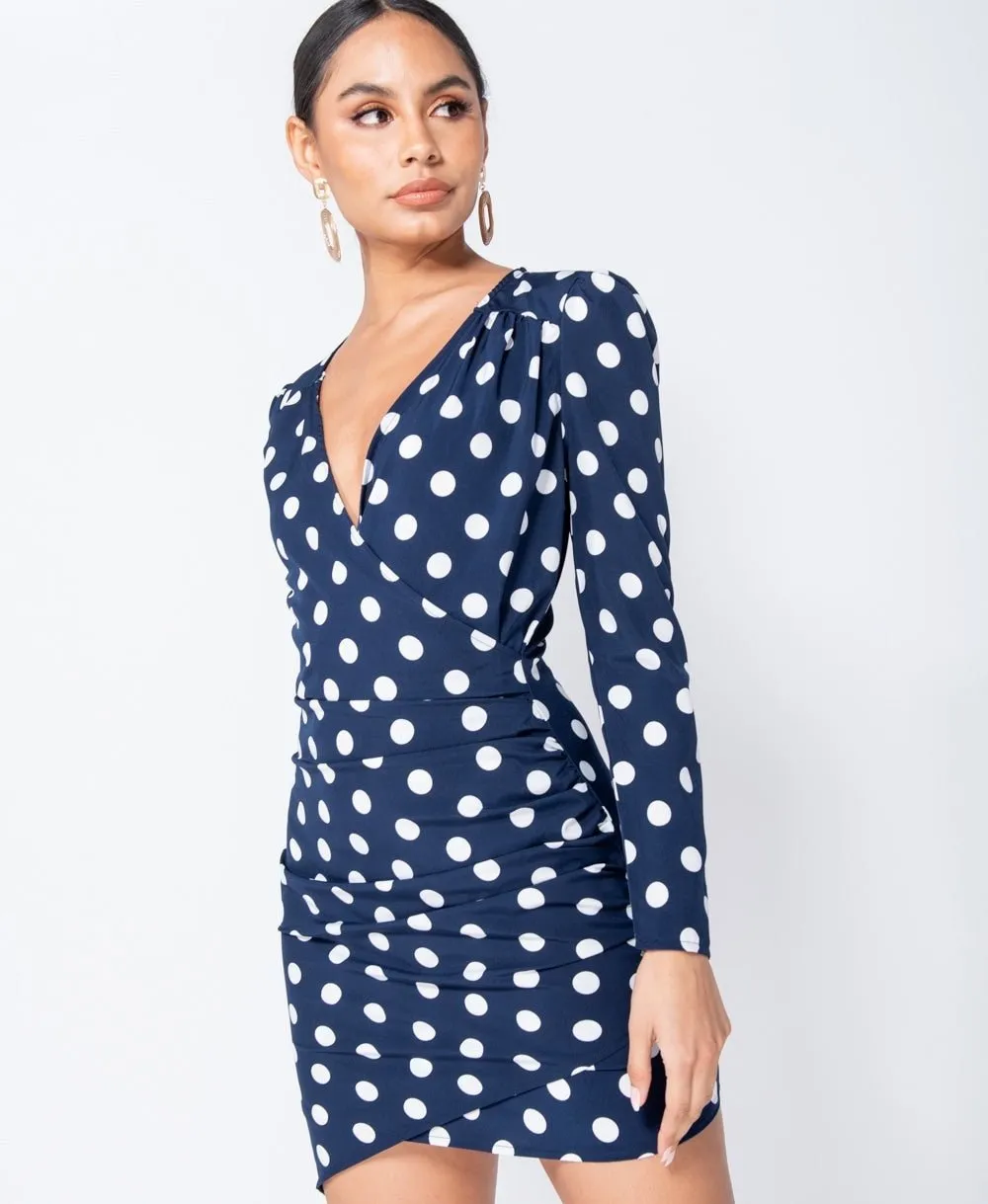 Polka Dot Wrap Front Ruching Bodycon Mini Dress