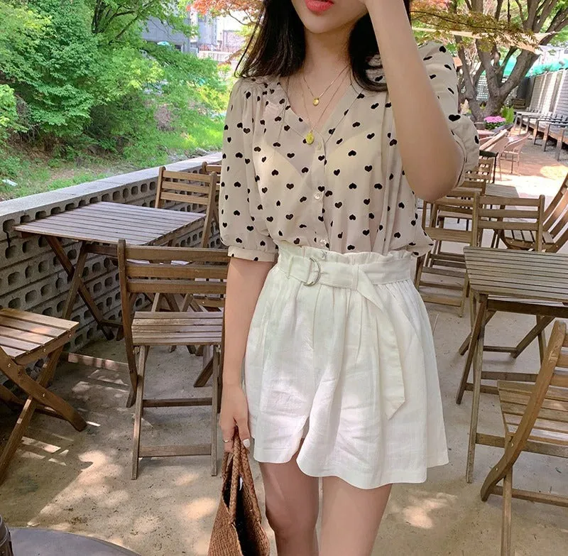 Printed Micro Loose Short sleeve Chiffon Girls Blouse   High waist Skirt