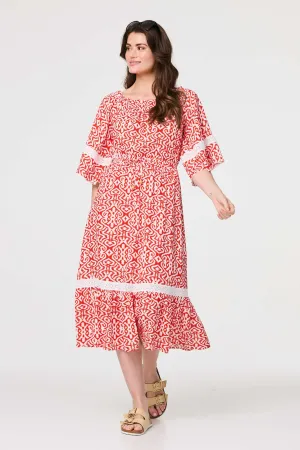 Printed Relaxed Lace Trim Midi Dress