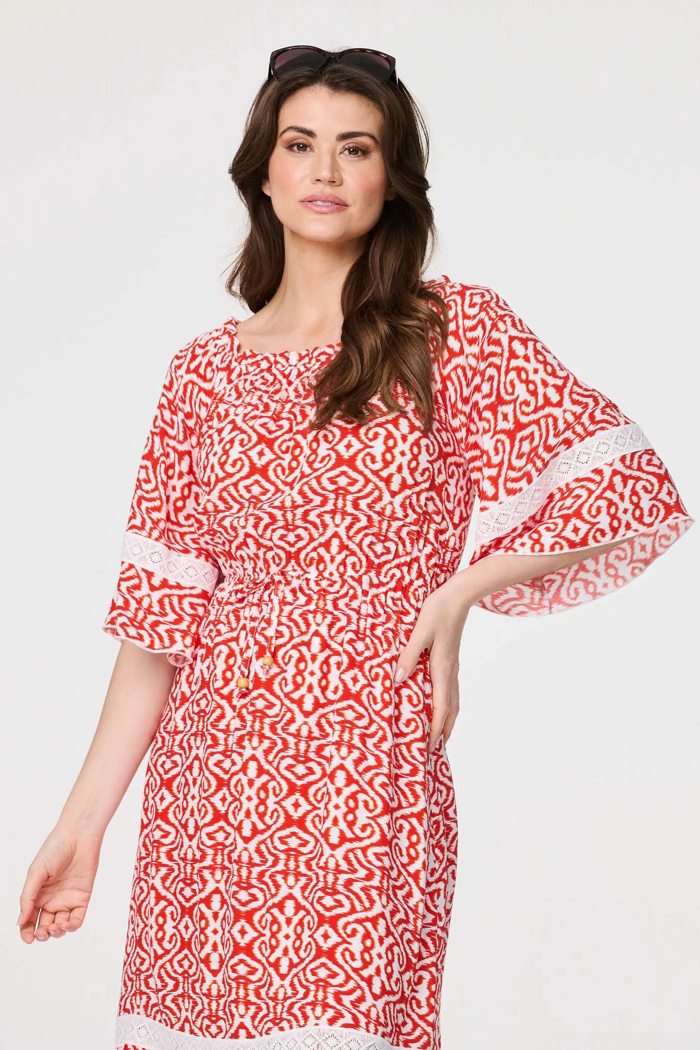 Printed Relaxed Lace Trim Midi Dress