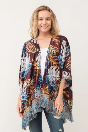 RAJ ISLA FAUX VELVET FLORAL FRINGE KIMONO BURGUNDY