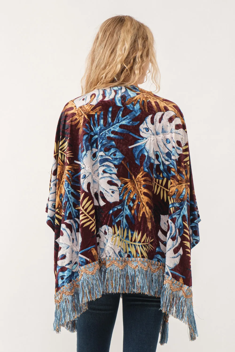 RAJ ISLA FAUX VELVET FLORAL FRINGE KIMONO BURGUNDY