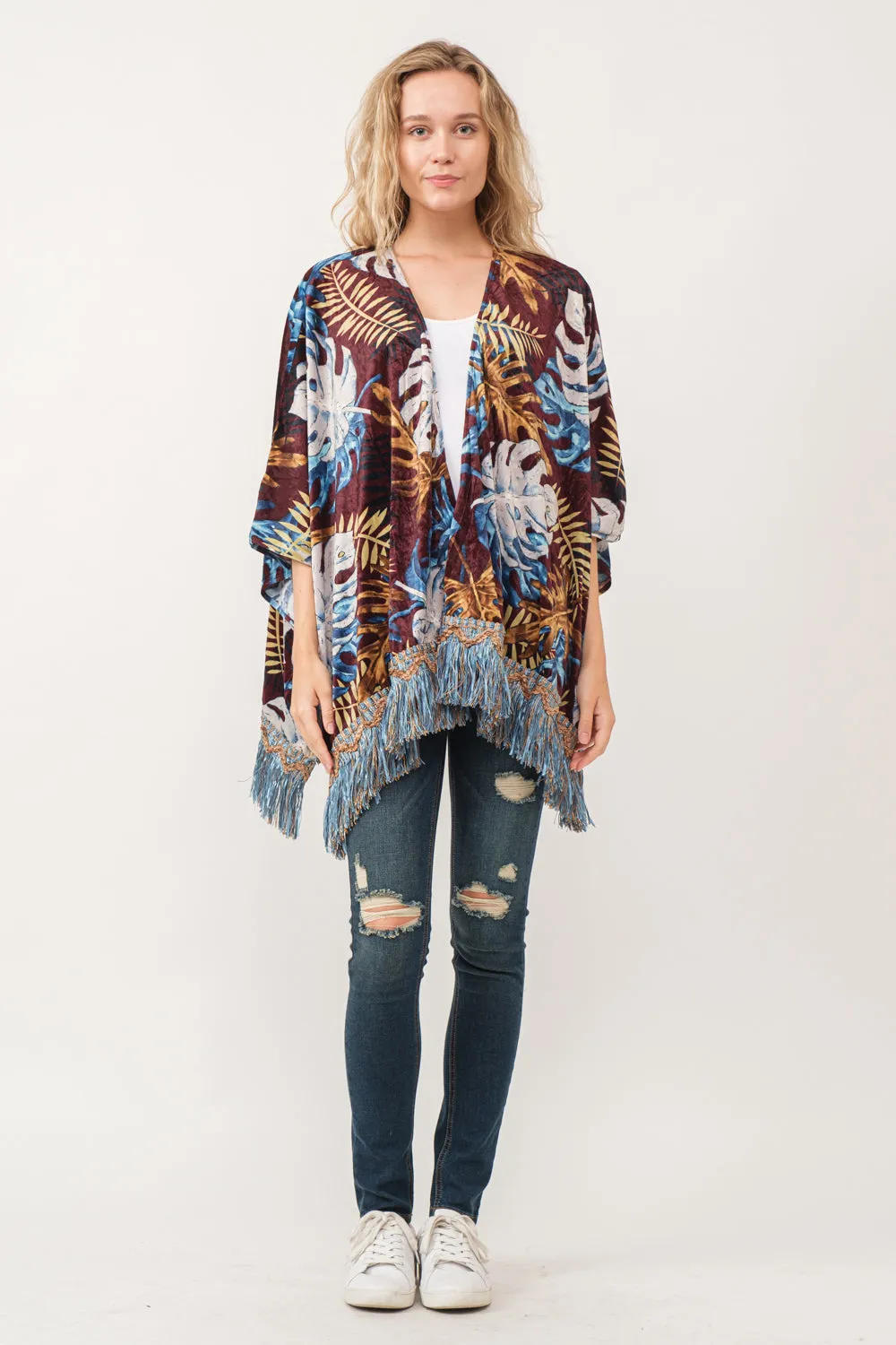 RAJ ISLA FAUX VELVET FLORAL FRINGE KIMONO BURGUNDY