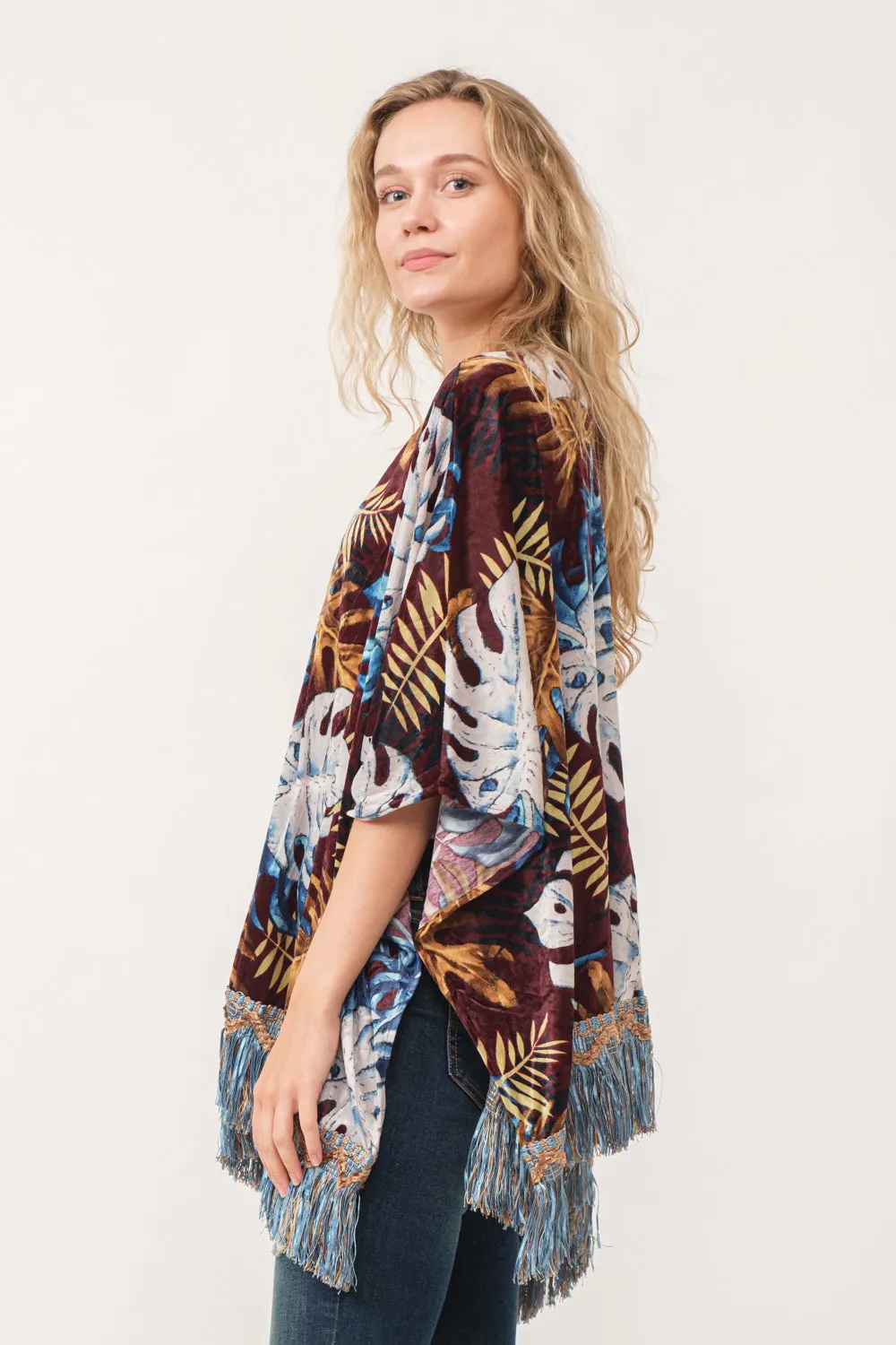 RAJ ISLA FAUX VELVET FLORAL FRINGE KIMONO BURGUNDY