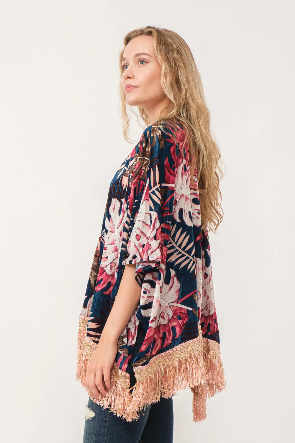 RAJ ISLA FAUX VELVET FLORAL FRINGE KIMONO MIDNIGHT BLUE