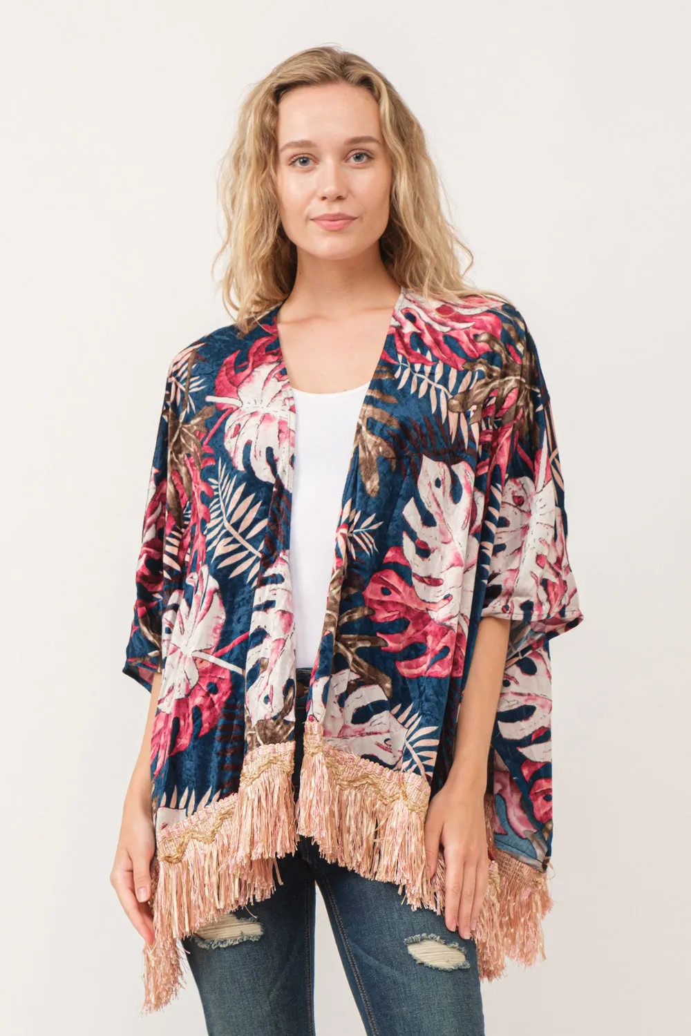 RAJ ISLA FAUX VELVET FLORAL FRINGE KIMONO MIDNIGHT BLUE