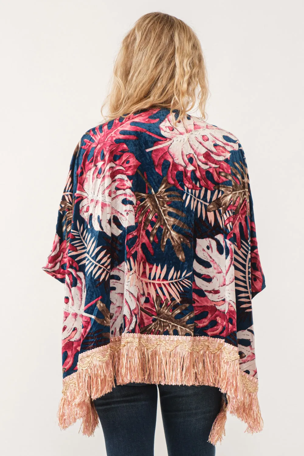 RAJ ISLA FAUX VELVET FLORAL FRINGE KIMONO MIDNIGHT BLUE