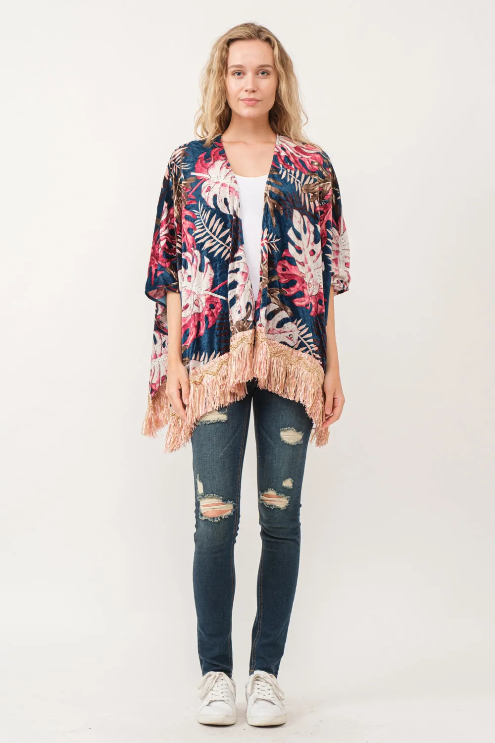 RAJ ISLA FAUX VELVET FLORAL FRINGE KIMONO MIDNIGHT BLUE