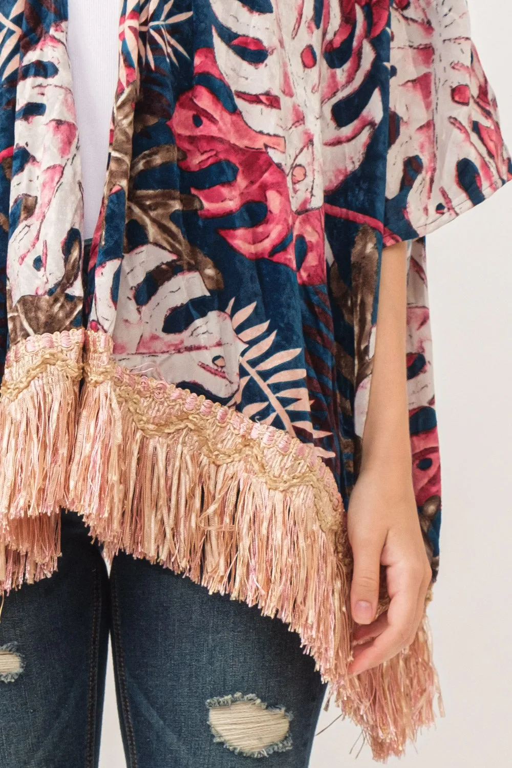 RAJ ISLA FAUX VELVET FLORAL FRINGE KIMONO MIDNIGHT BLUE