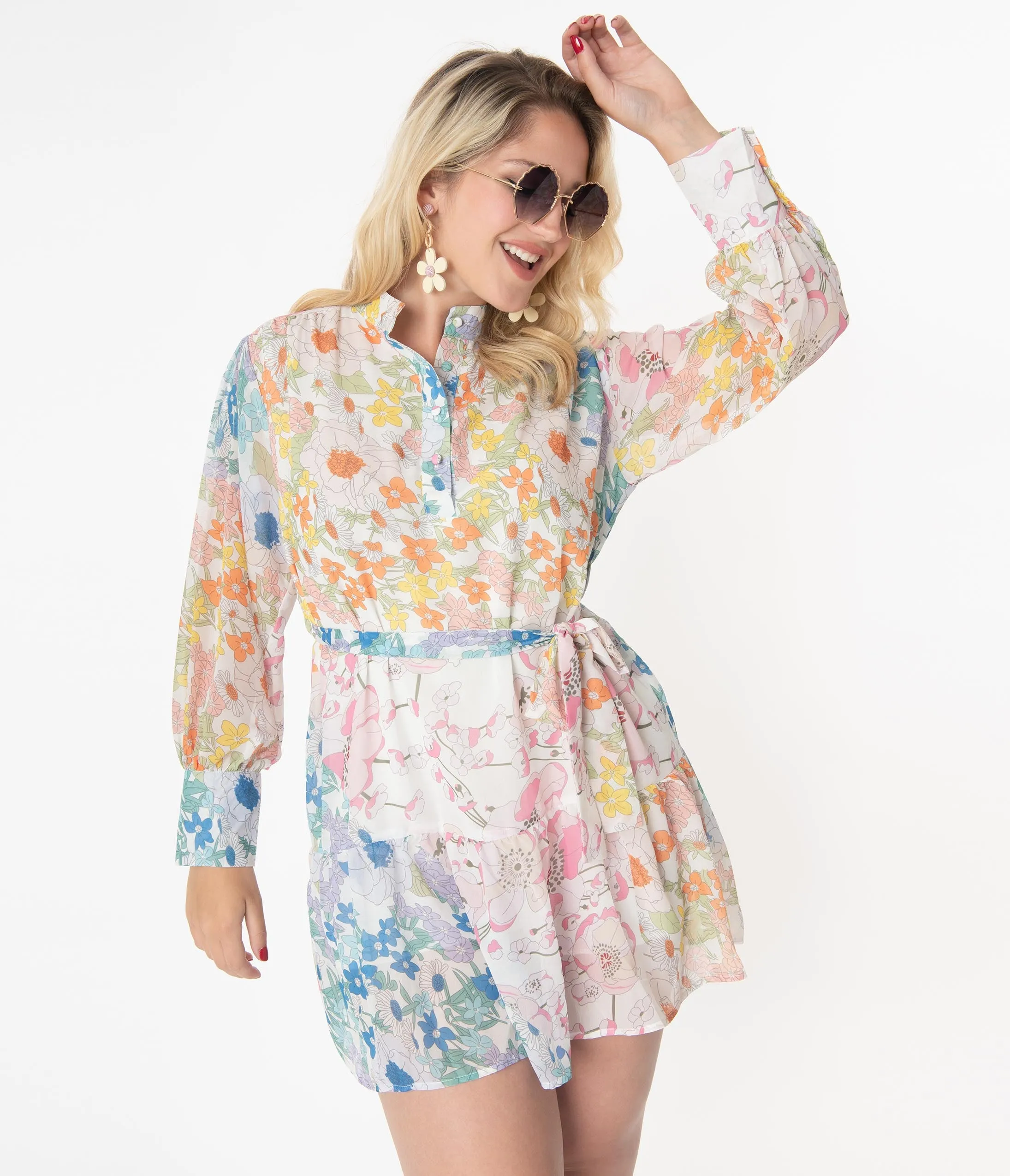 Retro Multicolor Pastel Florals Tunic Dress