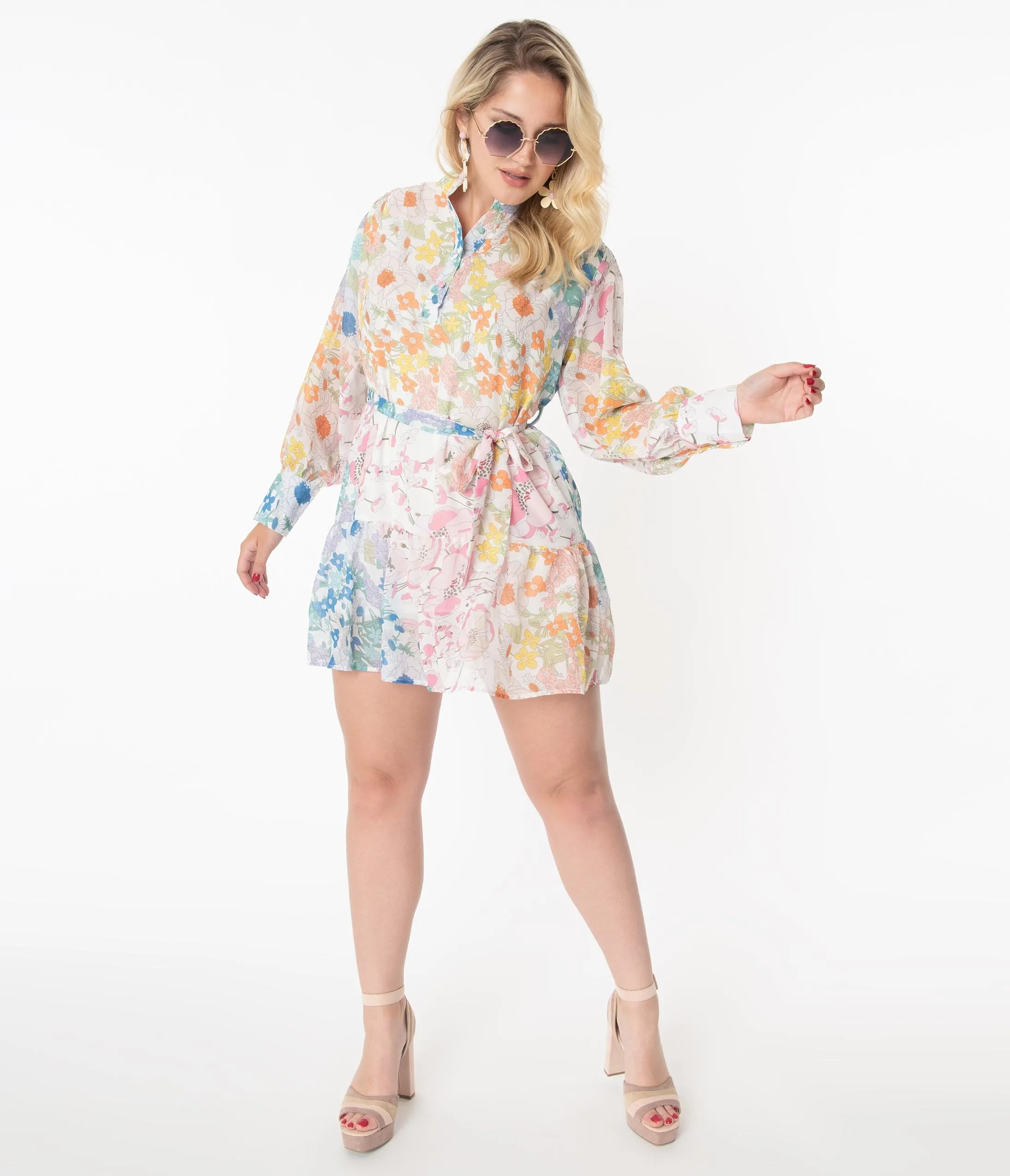 Retro Multicolor Pastel Florals Tunic Dress