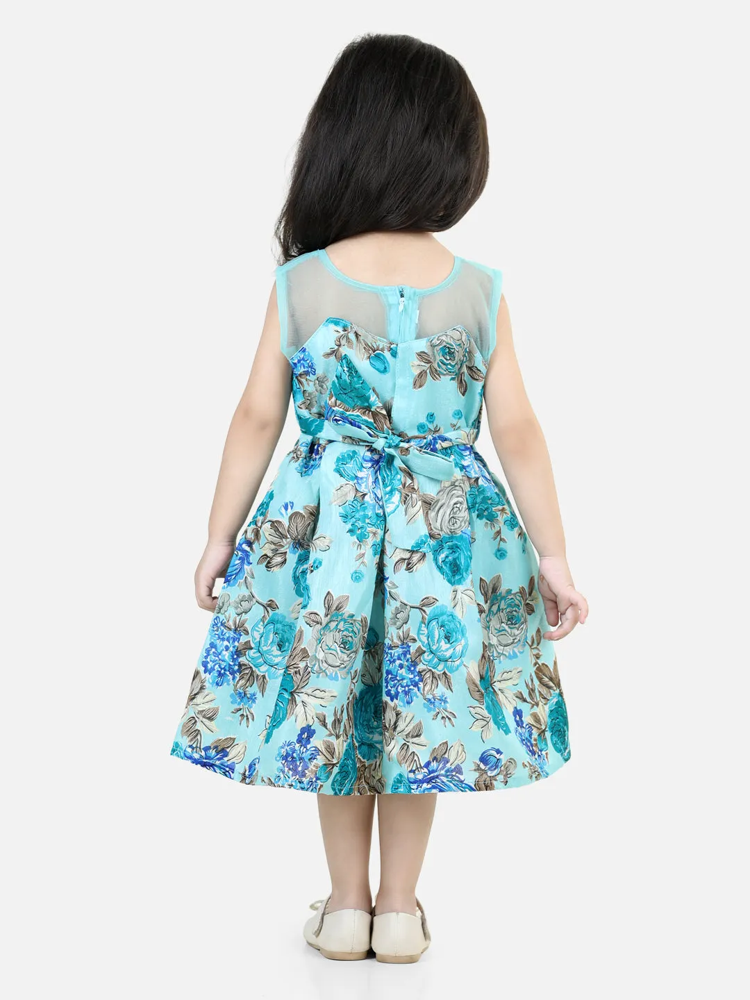 Round Neck Floral Print Party Frock and Dresses Blue