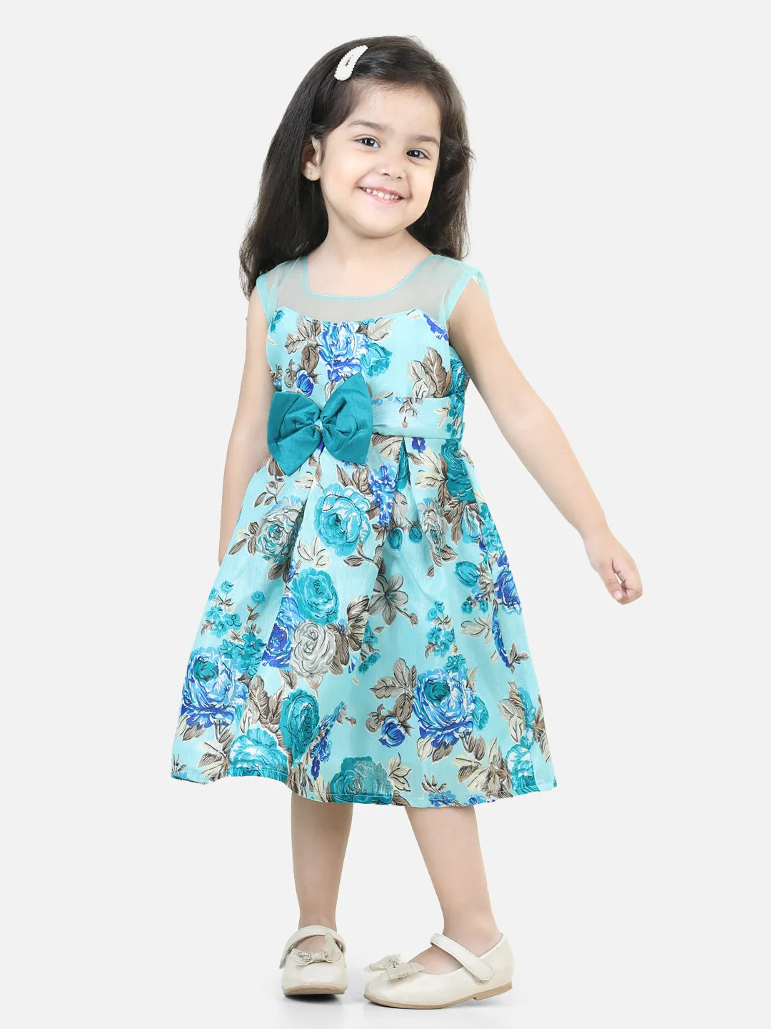 Round Neck Floral Print Party Frock and Dresses Blue