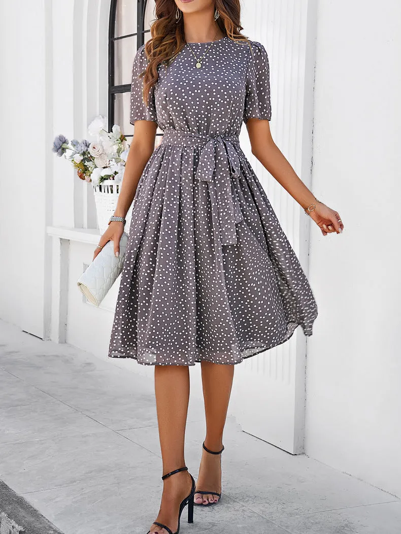 Round Neck Short Sleeve Waist Belt Polka Dot Dress