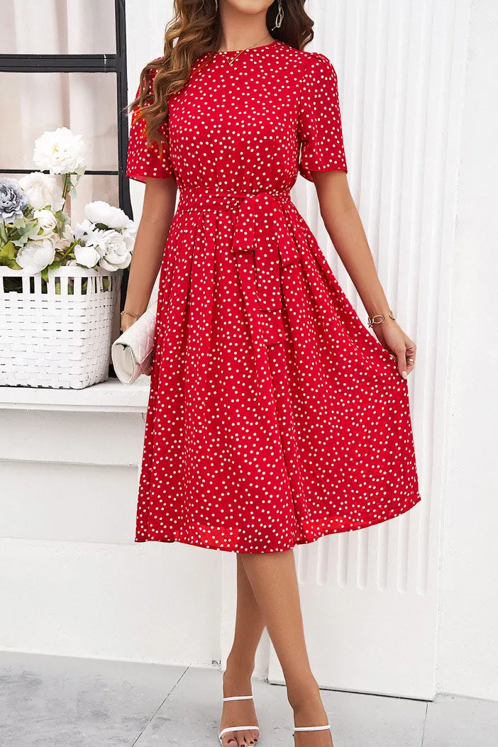 Round Neck Short Sleeve Waist Belt Polka Dot Dress