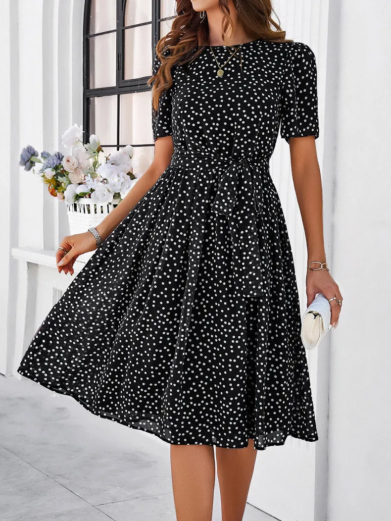 Round Neck Short Sleeve Waist Belt Polka Dot Dress