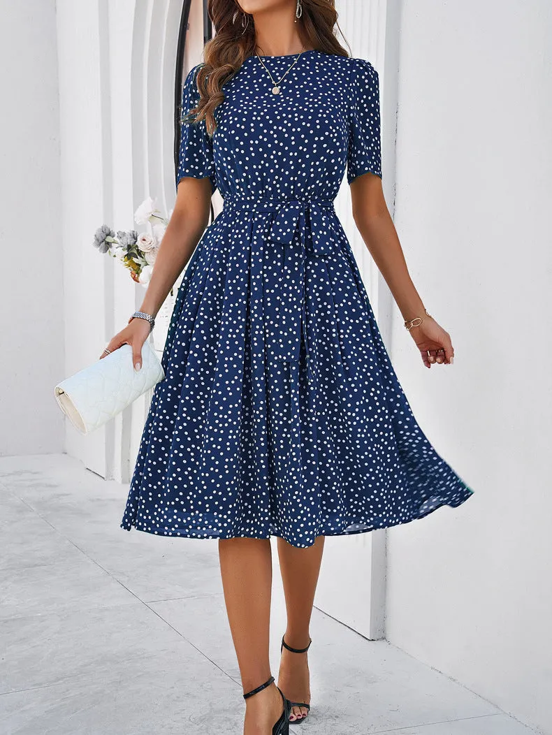 Round Neck Short Sleeve Waist Belt Polka Dot Dress