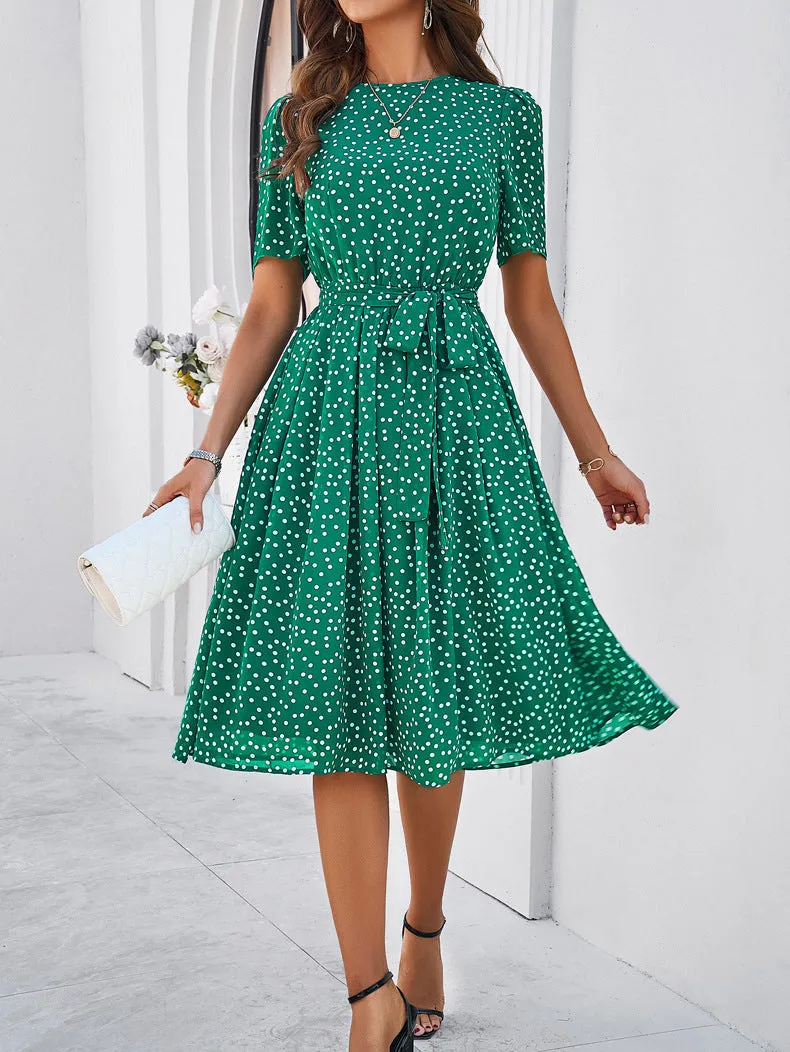 Round Neck Short Sleeve Waist Belt Polka Dot Dress