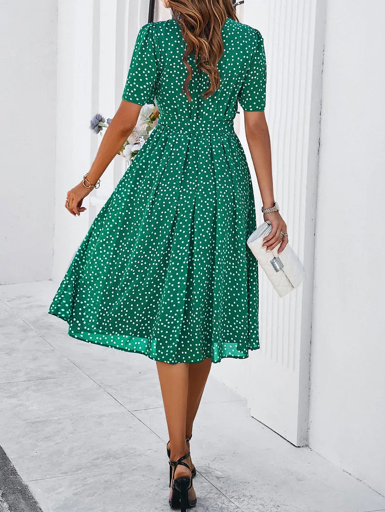 Round Neck Short Sleeve Waist Belt Polka Dot Dress