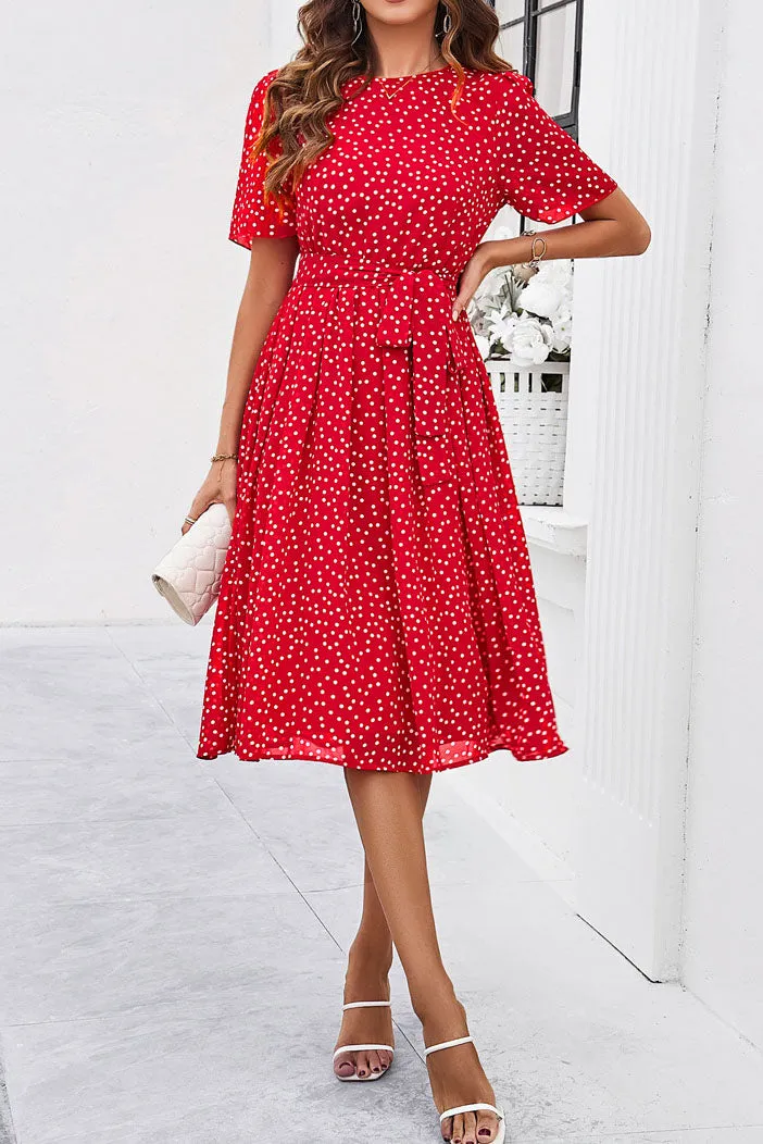 Round Neck Short Sleeve Waist Belt Polka Dot Dress