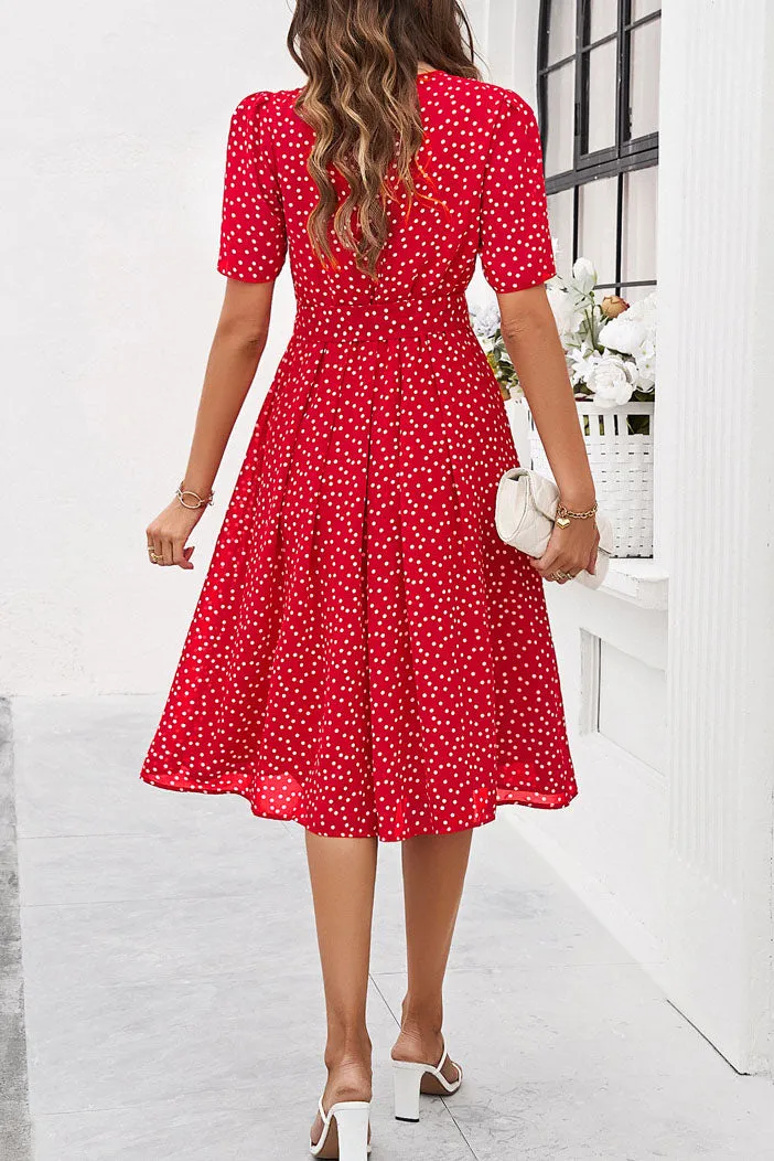 Round Neck Short Sleeve Waist Belt Polka Dot Dress