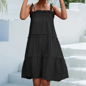 Shirt Halter Lace Up Cake Swing Mid Casual Solid Dress