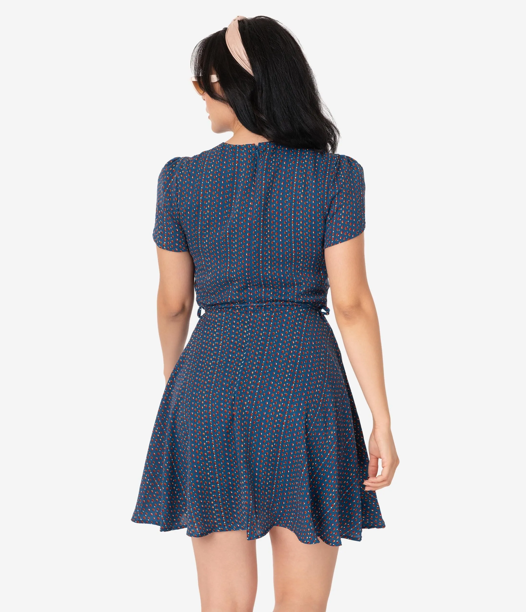 Smak Parlour Dark Blue & Dotted Print Short Sleeve Fit & Flare Dress