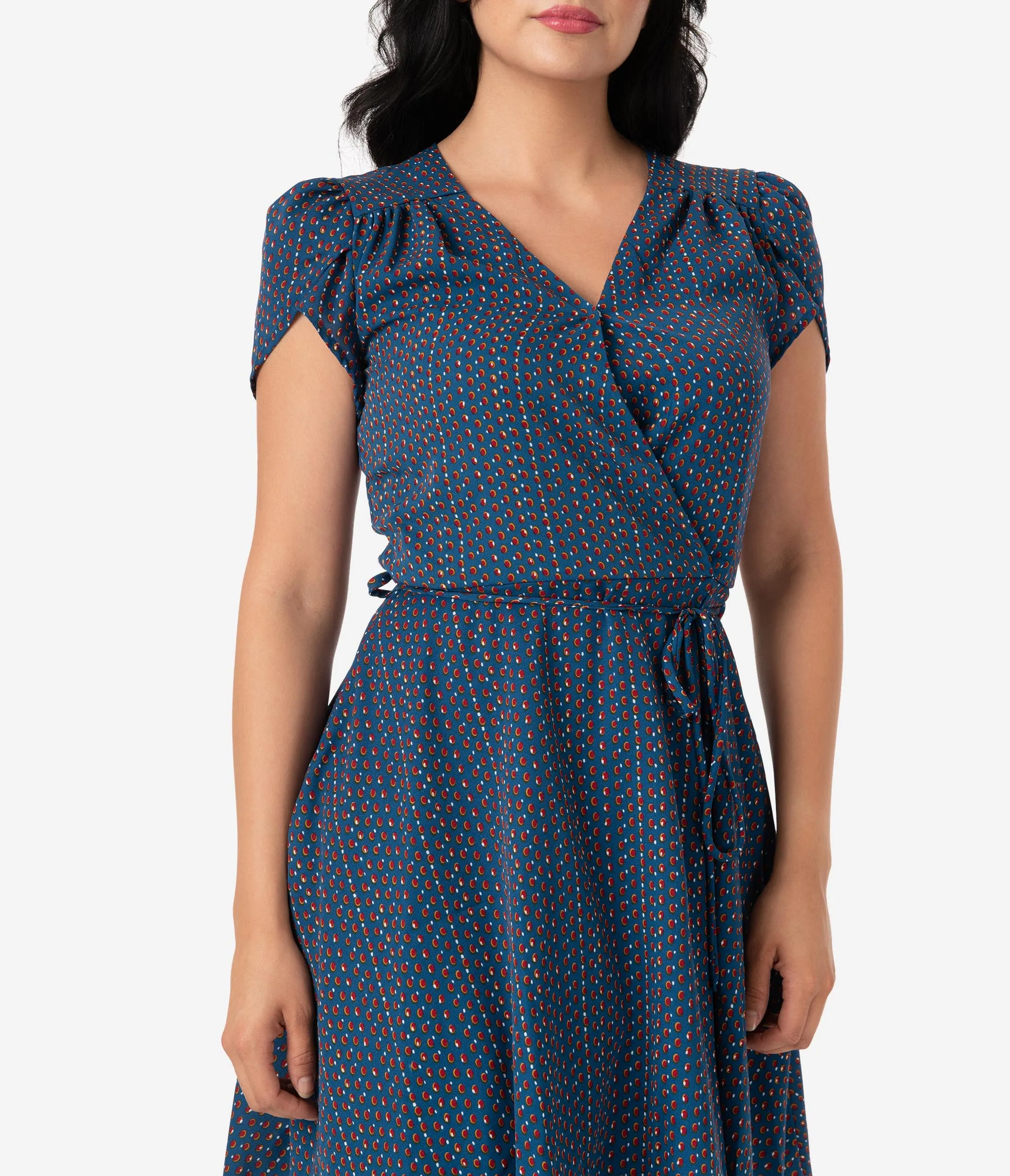 Smak Parlour Dark Blue & Dotted Print Short Sleeve Fit & Flare Dress