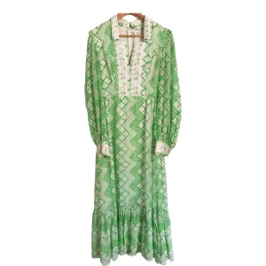 Susan Small Vintage Cotton Long Sleeve Maxi Shirt Dress Lime Green w/ White Lace Floral Print UK Size 10-12