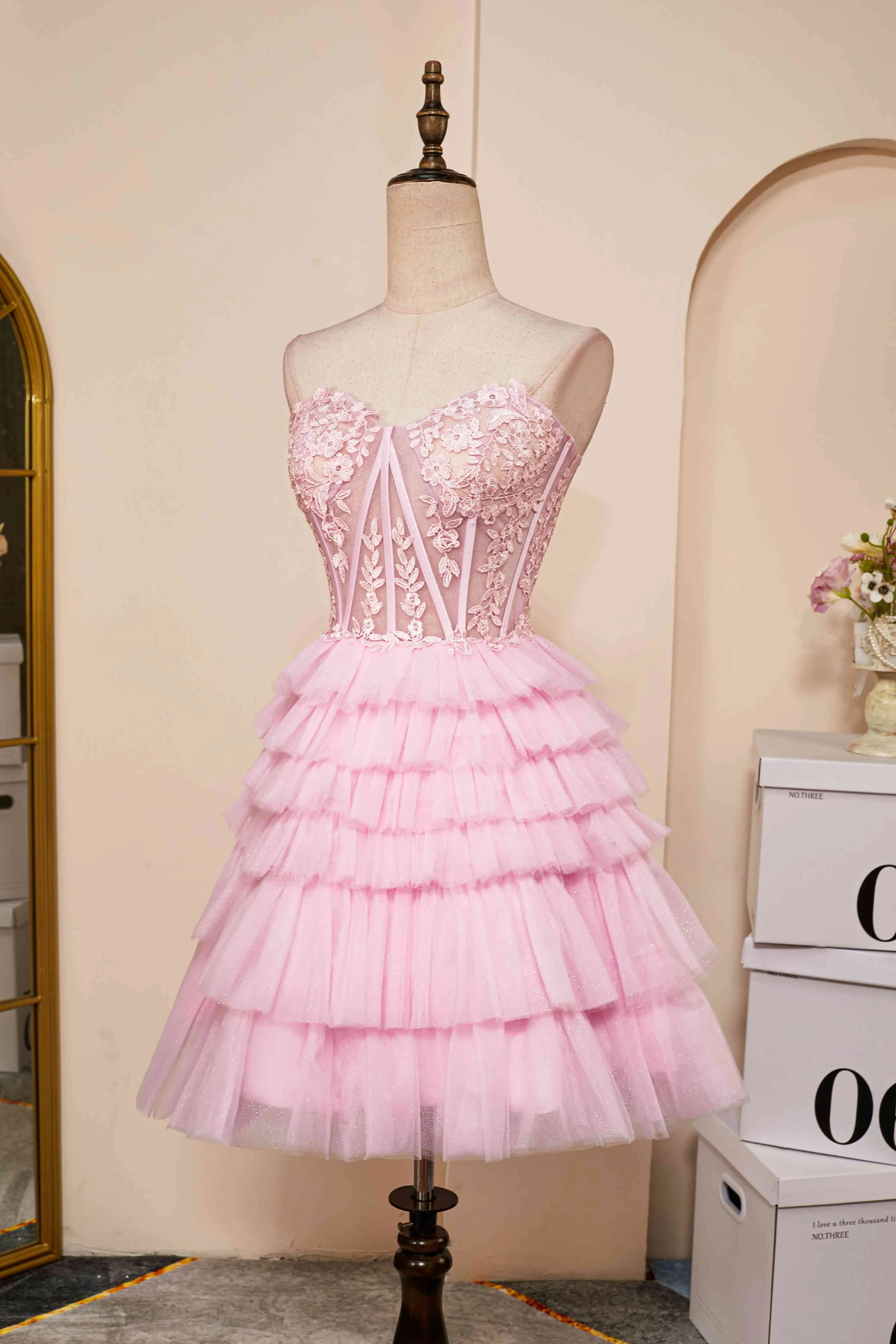 Sweetheart Pink Lace Corset Tiered Short Homecoming Dress